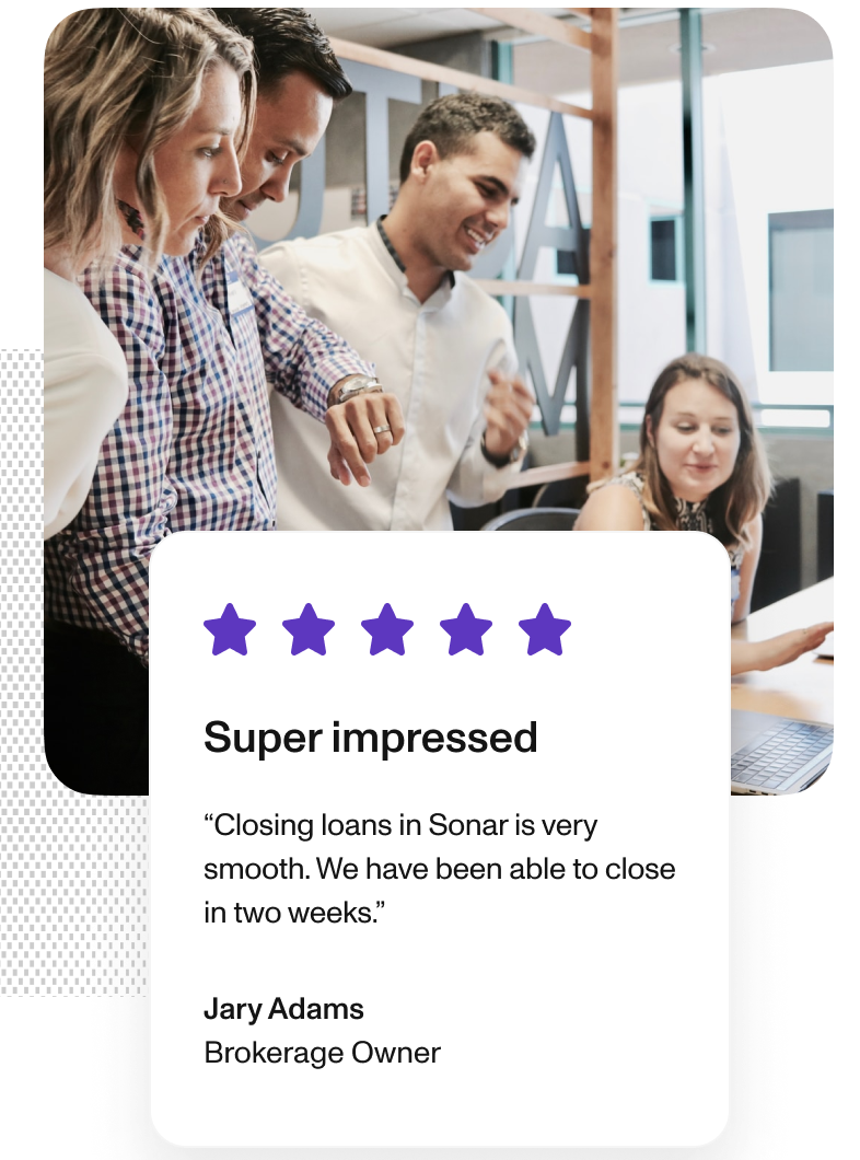 A mortgage origination team working together with a customer review included in the image